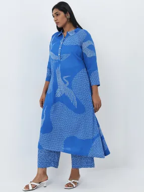 Blue Bandhani Pattern A-Line Cotton Kurta with Collar