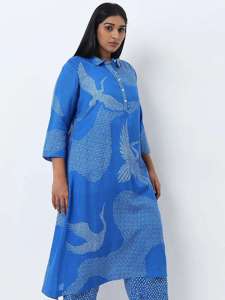 Blue Bandhani Pattern A-Line Cotton Kurta with Collar