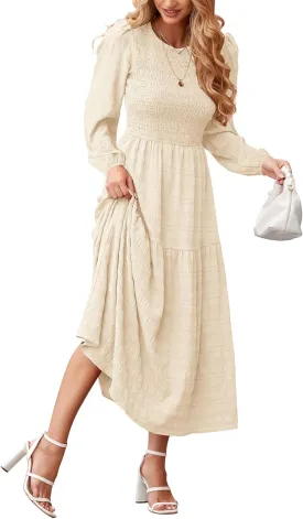 dowerme Women's Spring Dresses 2025 Long Sleeve Crewneck Smocked Tiered Flowy Boho Maxi Sundress Beach Vacation Clothes
