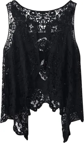 Flygo Women's Open Front Cotton Crochet Lace Boho Hippie Butterfly Vest Cardigan Coverup Sleeveless Irregular Hem