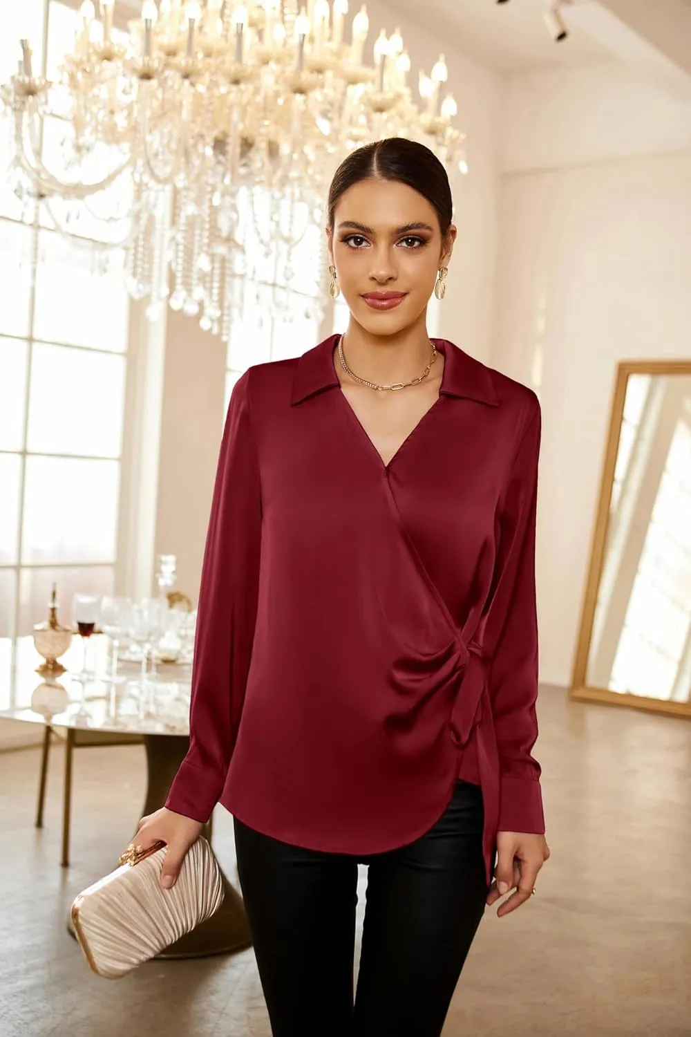 GRACE KARIN Women's Satin Silk Blouses Wrap V Neck Shirts Long Sleeve Elegant Tie Waist Office Formal Work Tunic PulloverTops