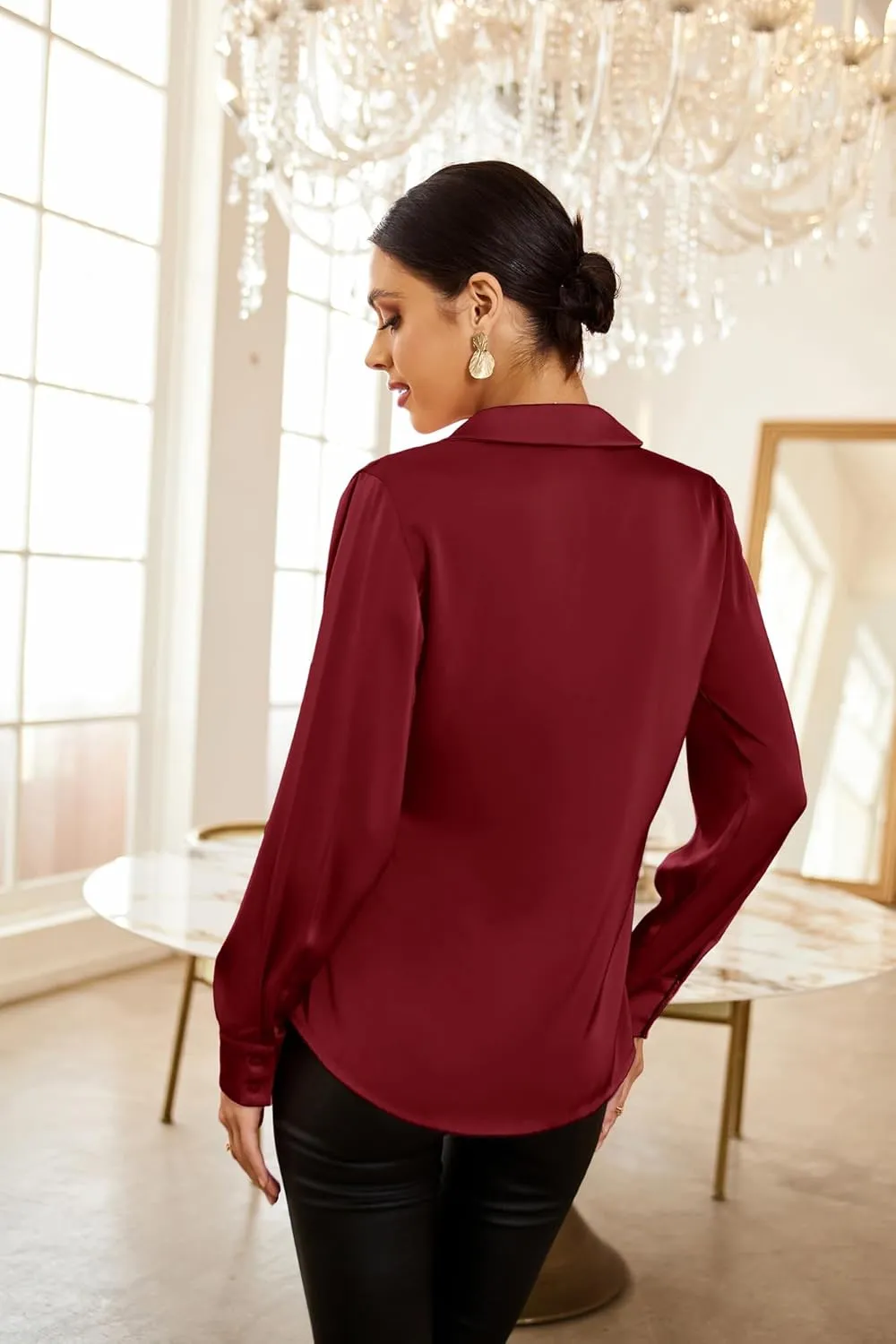 GRACE KARIN Women's Satin Silk Blouses Wrap V Neck Shirts Long Sleeve Elegant Tie Waist Office Formal Work Tunic PulloverTops