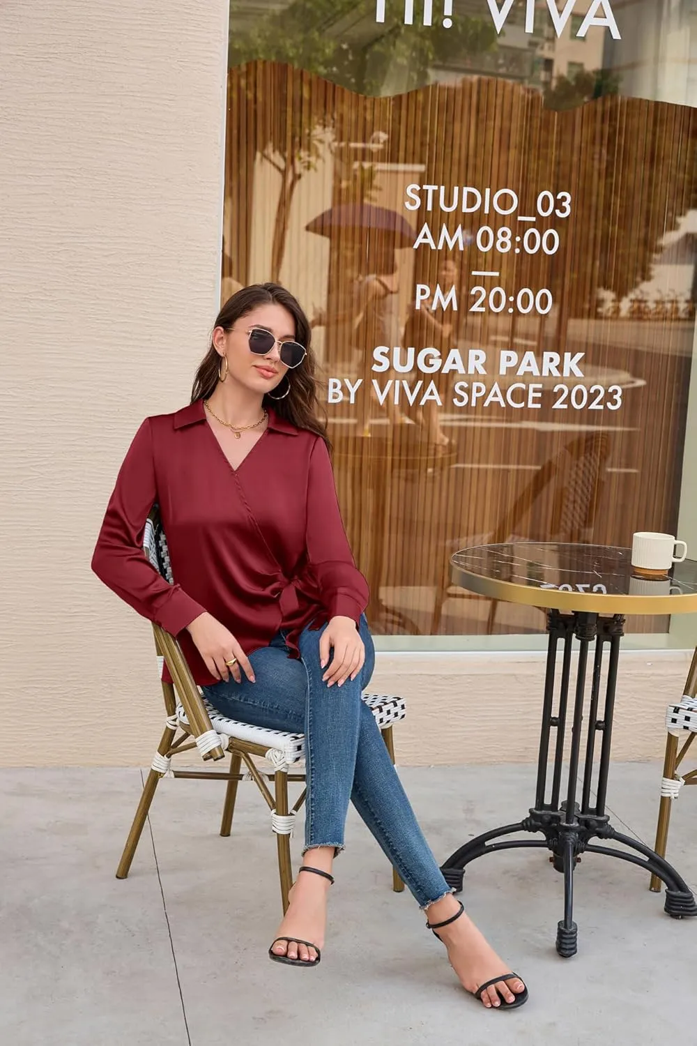 GRACE KARIN Women's Satin Silk Blouses Wrap V Neck Shirts Long Sleeve Elegant Tie Waist Office Formal Work Tunic PulloverTops