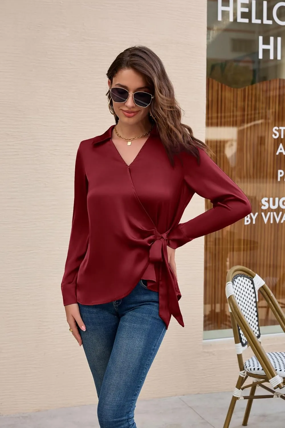 GRACE KARIN Women's Satin Silk Blouses Wrap V Neck Shirts Long Sleeve Elegant Tie Waist Office Formal Work Tunic PulloverTops