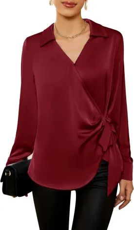 GRACE KARIN Women's Satin Silk Blouses Wrap V Neck Shirts Long Sleeve Elegant Tie Waist Office Formal Work Tunic PulloverTops