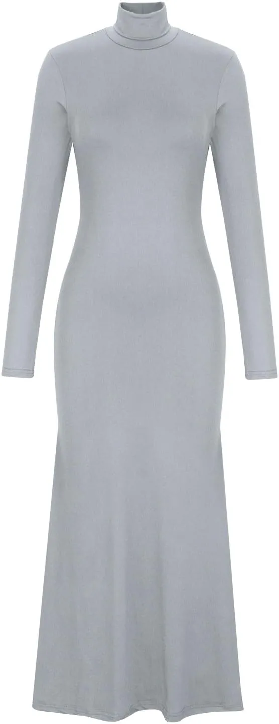 HGps8w Womens Turtleneck Bodycon Mermaid Maxi Dress Lady Casual Solid Long Sleeve Elegant Slimming Lounge Dresses