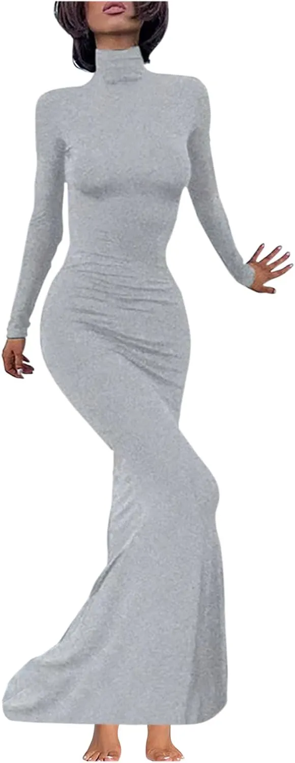 HGps8w Womens Turtleneck Bodycon Mermaid Maxi Dress Lady Casual Solid Long Sleeve Elegant Slimming Lounge Dresses