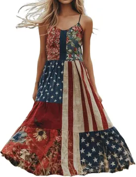 Independence Day Dress for Womens 4th of July American Flag Patchwork Stripes Sleeveless Waist Cinching Maxi Dresses