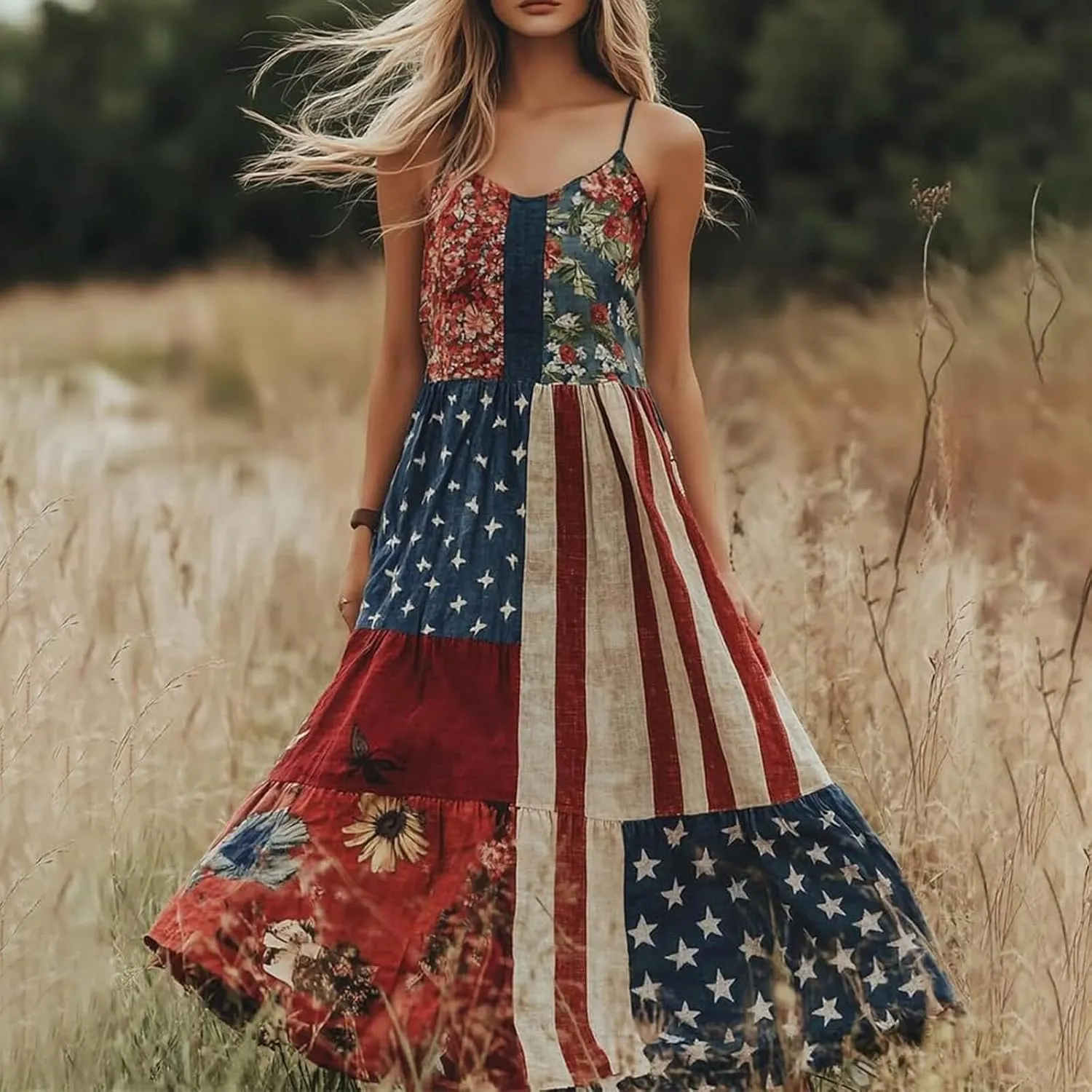 Independence Day Dress for Womens 4th of July American Flag Patchwork Stripes Sleeveless Waist Cinching Maxi Dresses