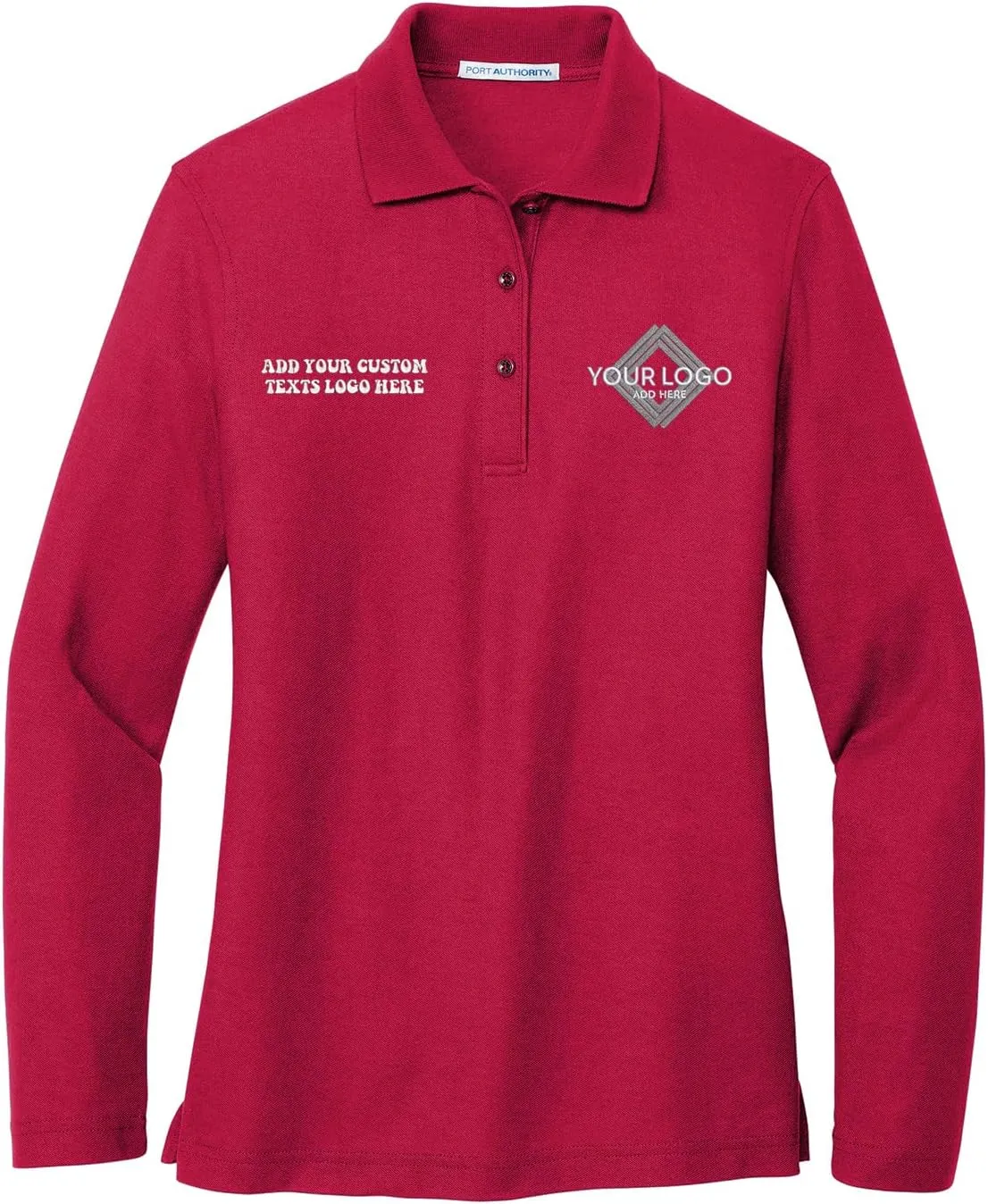 INK STITCH Women L500ls Custom Add Your Logo Texts Embroidery Silk Touch Long Sleeve Polo Shirts