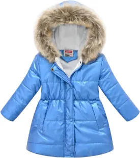 Kids Girls Medium Long Puffer Jacket Metallic Glitter Long Sleeve Winter Coat with Faux Fur Hooded