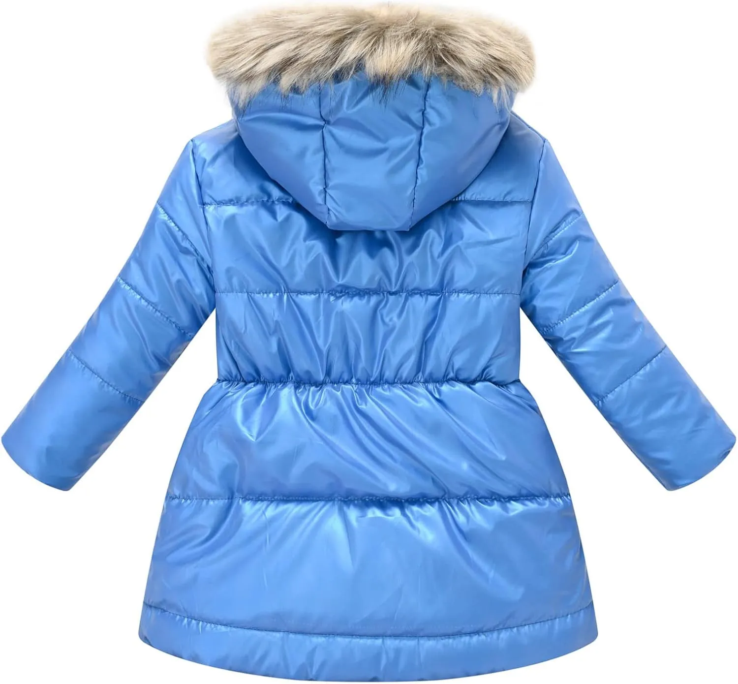 Kids Girls Medium Long Puffer Jacket Metallic Glitter Long Sleeve Winter Coat with Faux Fur Hooded