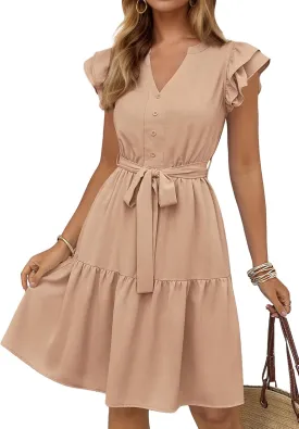 KIRUNDO Women Flutter Sleeve Summer Dress 2025 Spring V Neck Ruffle Flowy Tiered Knee Length Belted Beach Vacation Sundress
