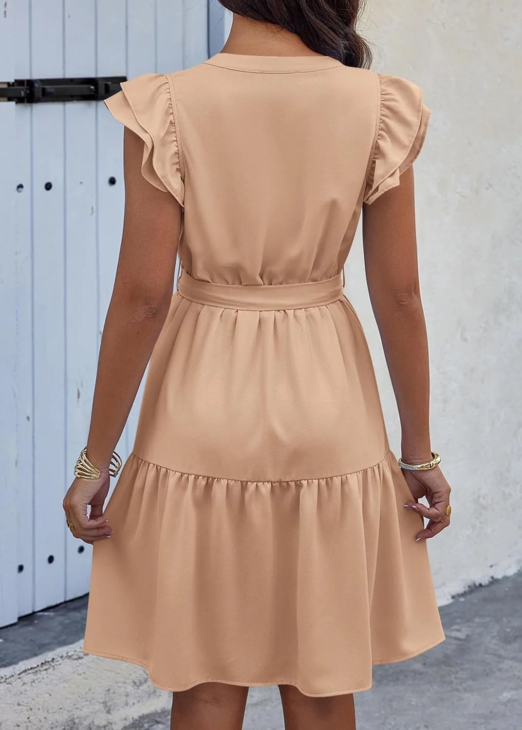 KIRUNDO Women Flutter Sleeve Summer Dress 2025 Spring V Neck Ruffle Flowy Tiered Knee Length Belted Beach Vacation Sundress