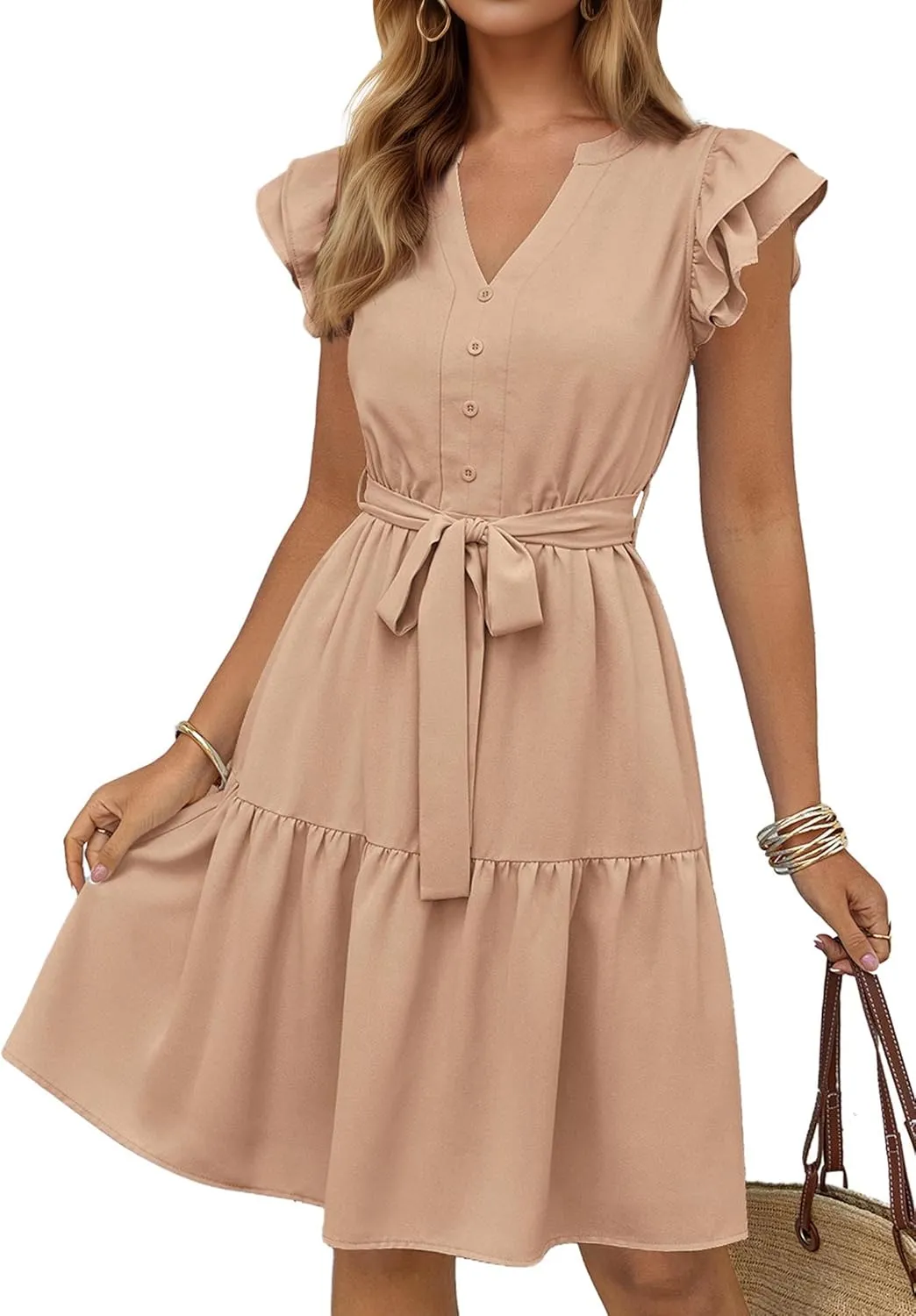 KIRUNDO Women Flutter Sleeve Summer Dress 2025 Spring V Neck Ruffle Flowy Tiered Knee Length Belted Beach Vacation Sundress