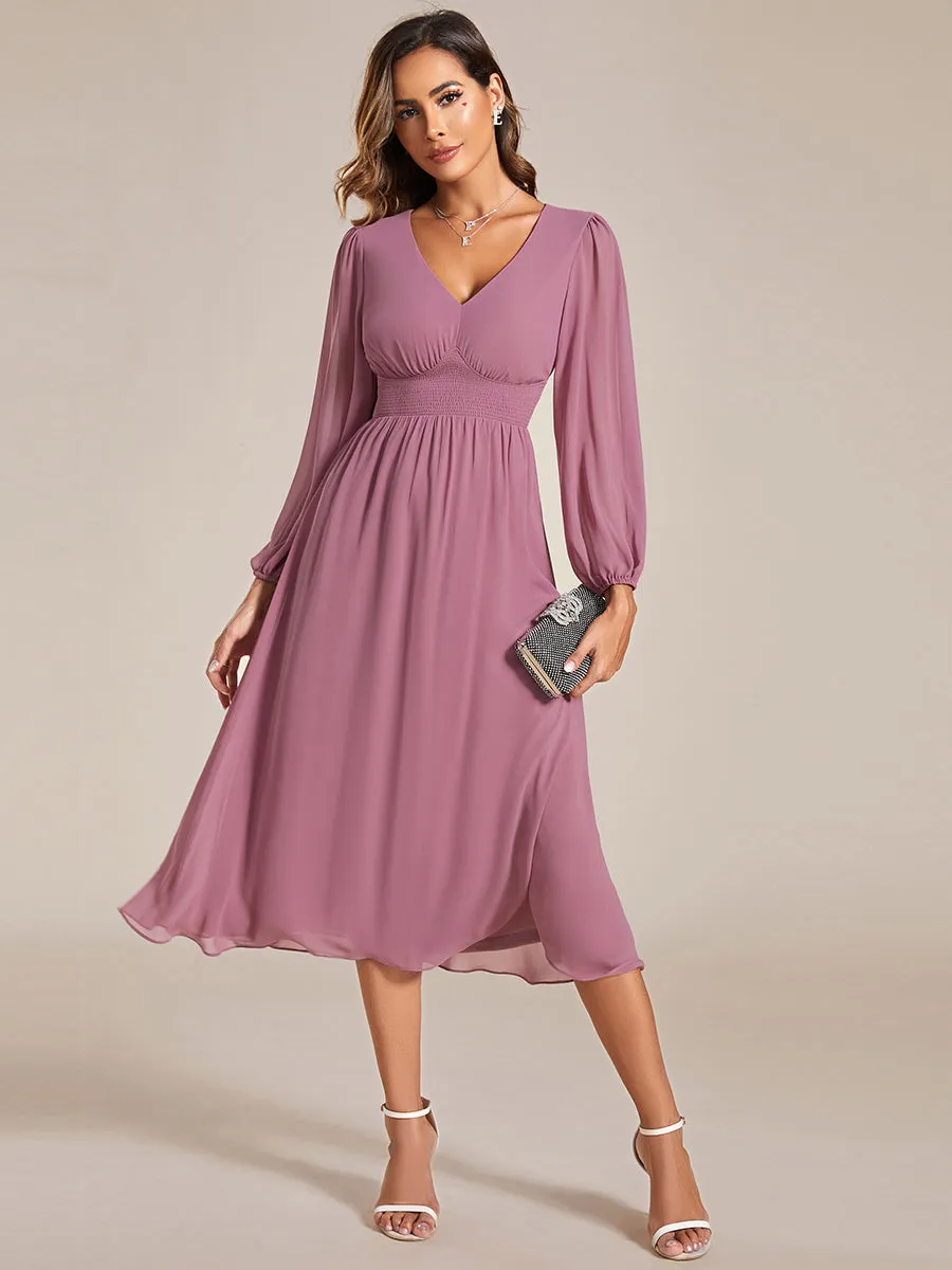 Elegant Knee-Length Chiffon Dresses with Long Sleeves for Wedding Guests - Wholesale