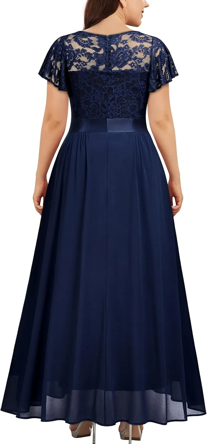 Knitee Women's Plus Size Lace Chiffon V Neck Wedding Party Elegant Butterfly Sleeves Flowy Maxi Dresses