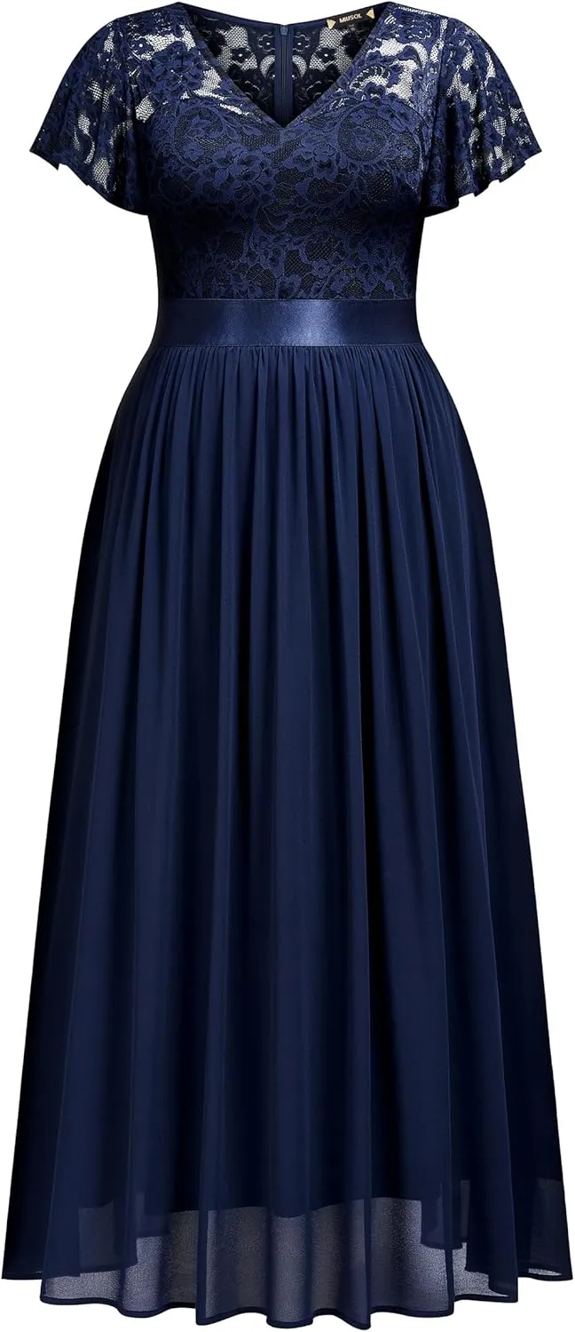 Knitee Women's Plus Size Lace Chiffon V Neck Wedding Party Elegant Butterfly Sleeves Flowy Maxi Dresses