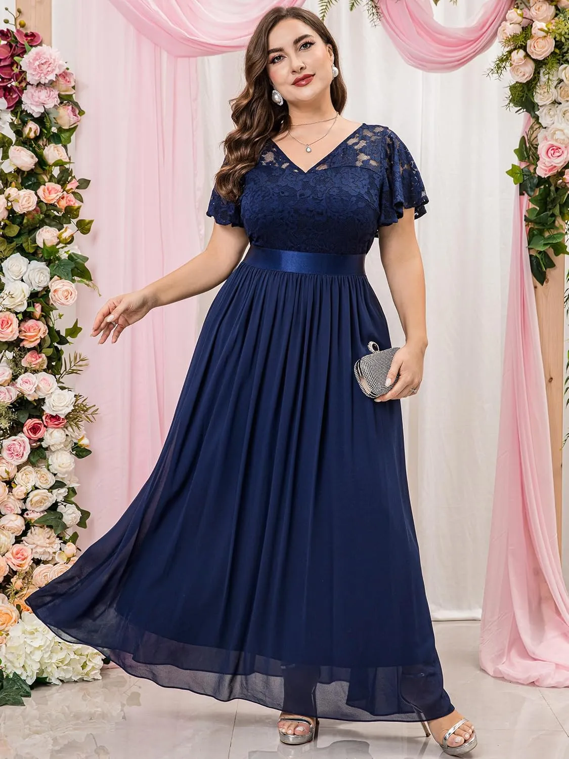 Knitee Women's Plus Size Lace Chiffon V Neck Wedding Party Elegant Butterfly Sleeves Flowy Maxi Dresses