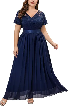 Knitee Women's Plus Size Lace Chiffon V Neck Wedding Party Elegant Butterfly Sleeves Flowy Maxi Dresses