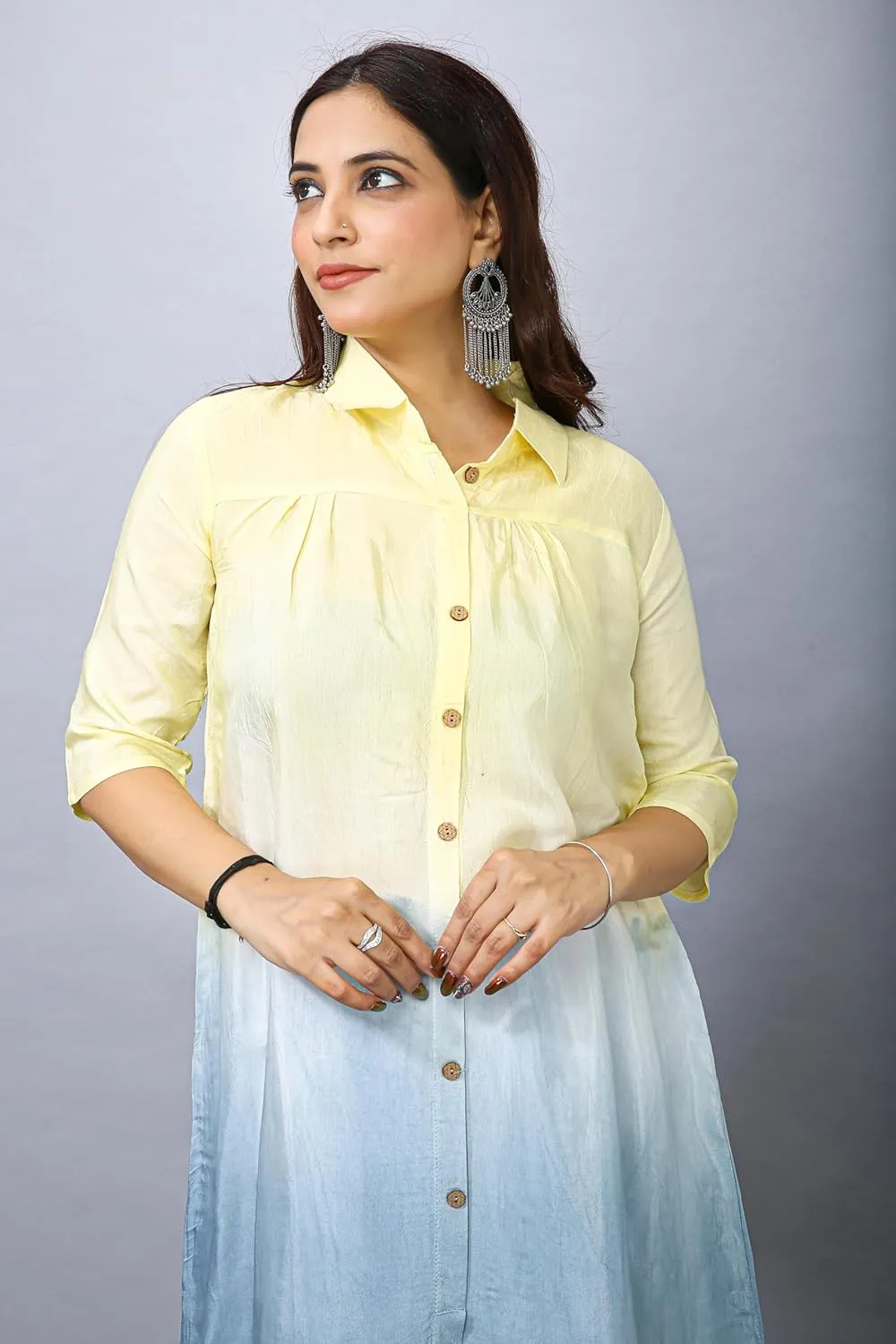 ladyline Women's Crepe Silk Tie Dye Shaded Tunic Top Shirt Collar Button Down Knee Length Dress