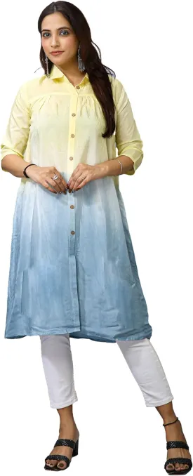 ladyline Women's Crepe Silk Tie Dye Shaded Tunic Top Shirt Collar Button Down Knee Length Dress