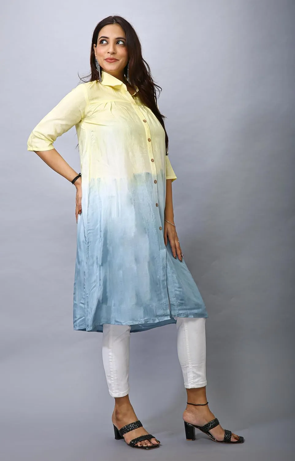 ladyline Women's Crepe Silk Tie Dye Shaded Tunic Top Shirt Collar Button Down Knee Length Dress