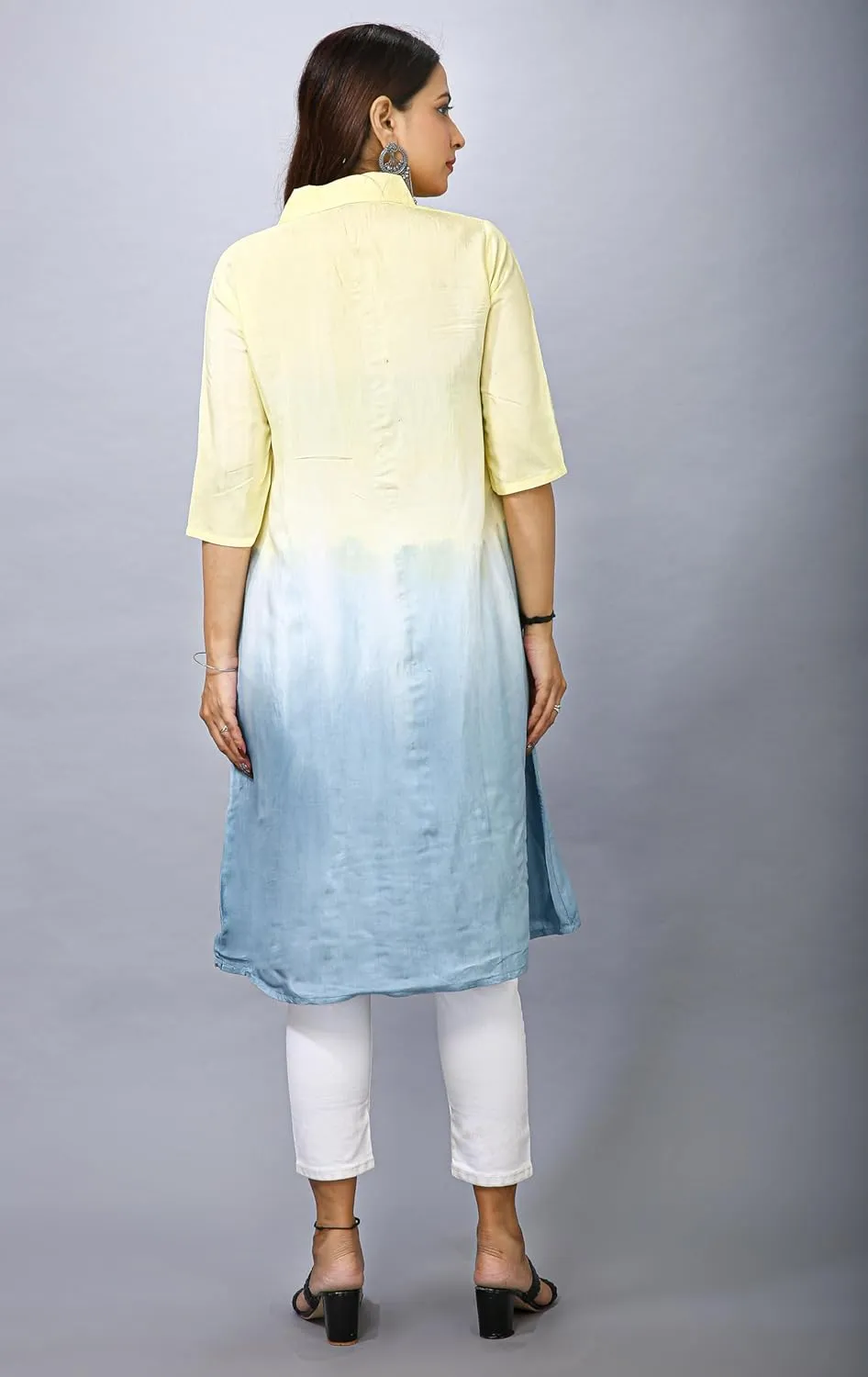 ladyline Women's Crepe Silk Tie Dye Shaded Tunic Top Shirt Collar Button Down Knee Length Dress