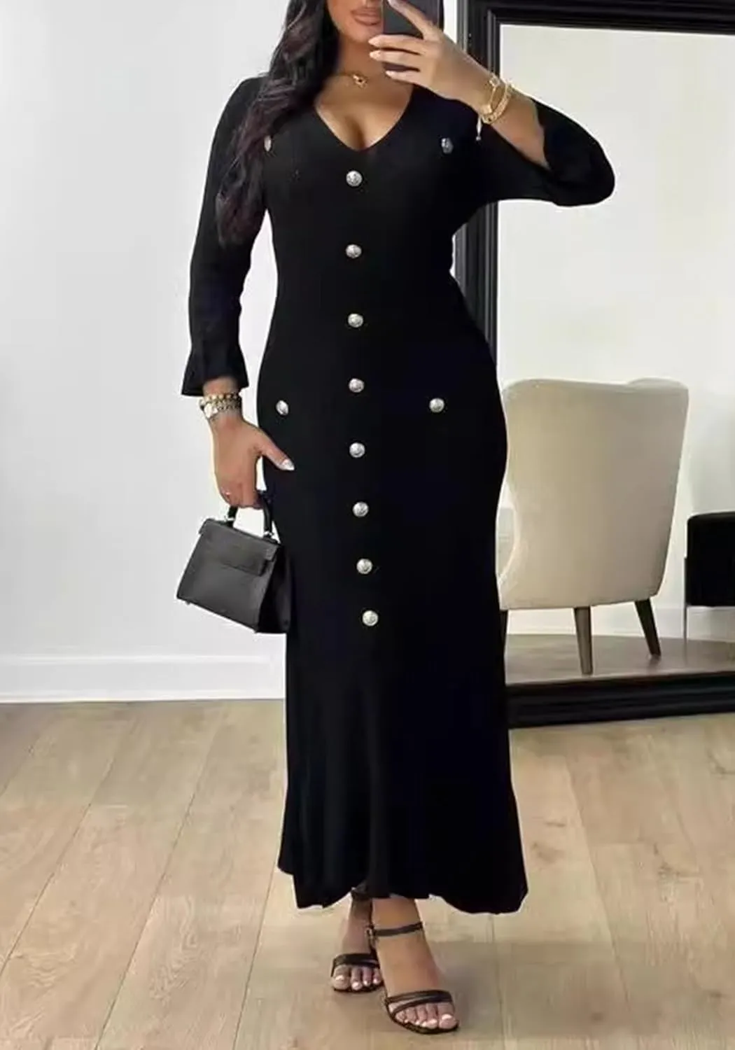 LAJIOJIO Sexy Long Sleeve Knit Sweater Dress, Winter Button V Neck Pleated Long Dresses for Women 2025