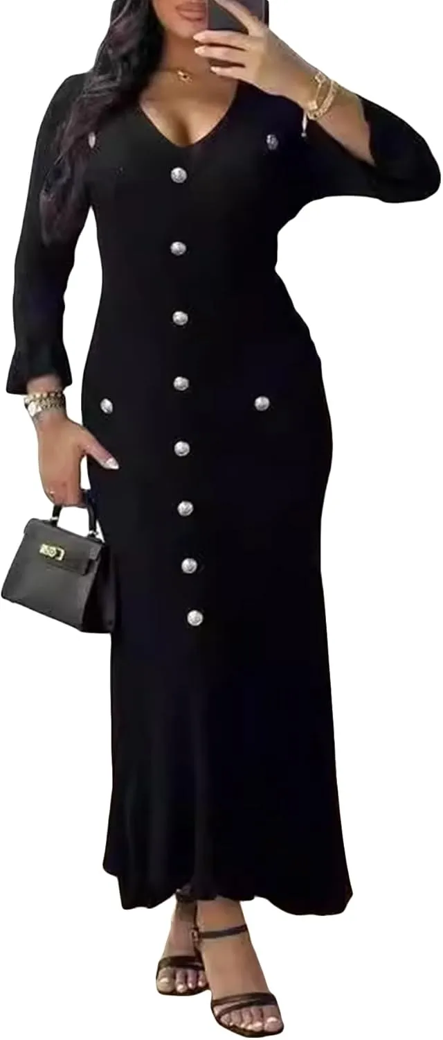 LAJIOJIO Sexy Long Sleeve Knit Sweater Dress, Winter Button V Neck Pleated Long Dresses for Women 2025