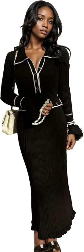 LAJIOJIO Sexy Long Sleeve Knit Sweater Dress, Winter Button V Neck Pleated Long Dresses for Women 2025