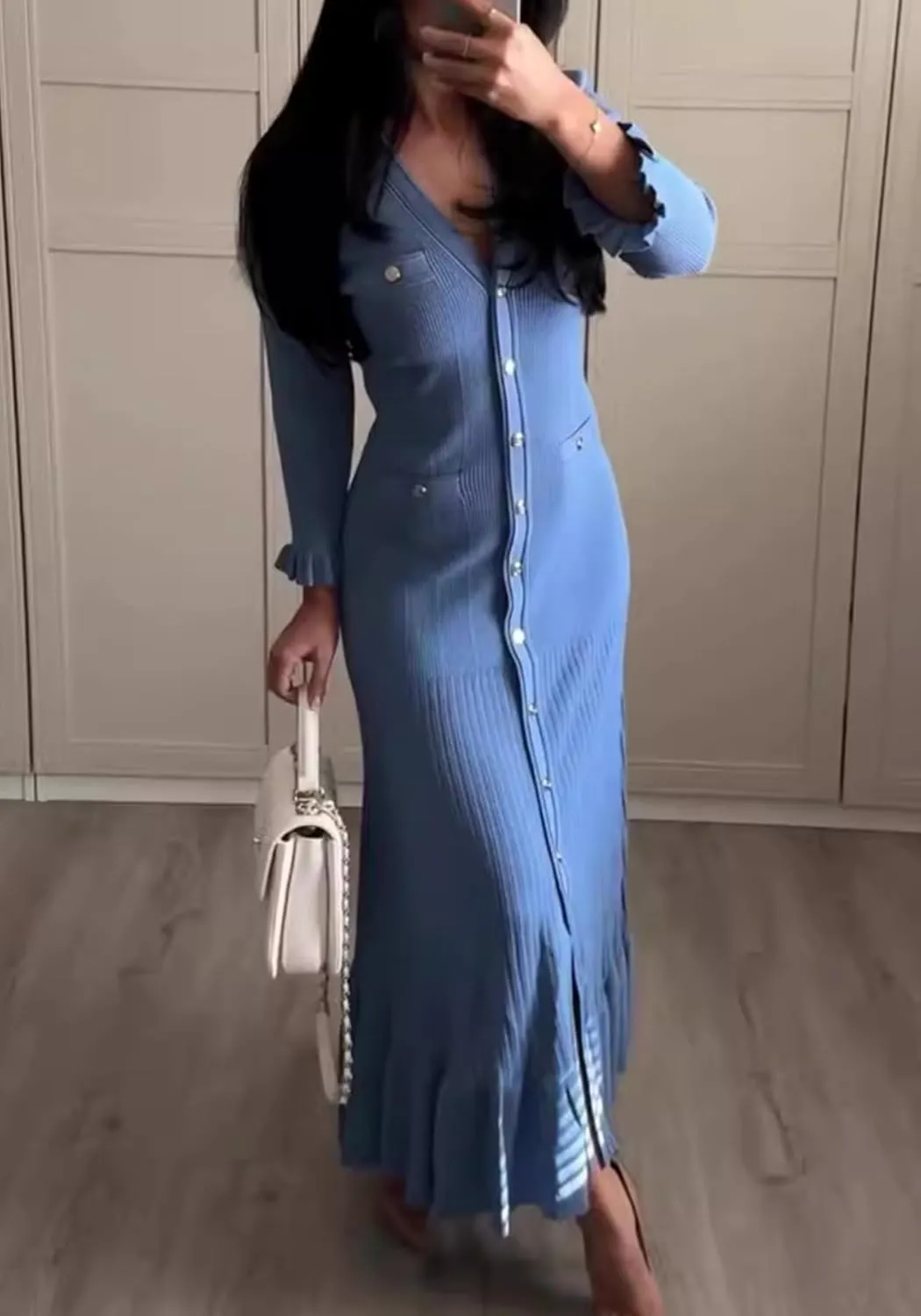 LAJIOJIO Sexy Long Sleeve Knit Sweater Dress, Winter Button V Neck Pleated Long Dresses for Women 2025
