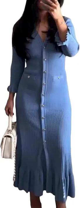 LAJIOJIO Sexy Long Sleeve Knit Sweater Dress, Winter Button V Neck Pleated Long Dresses for Women 2025