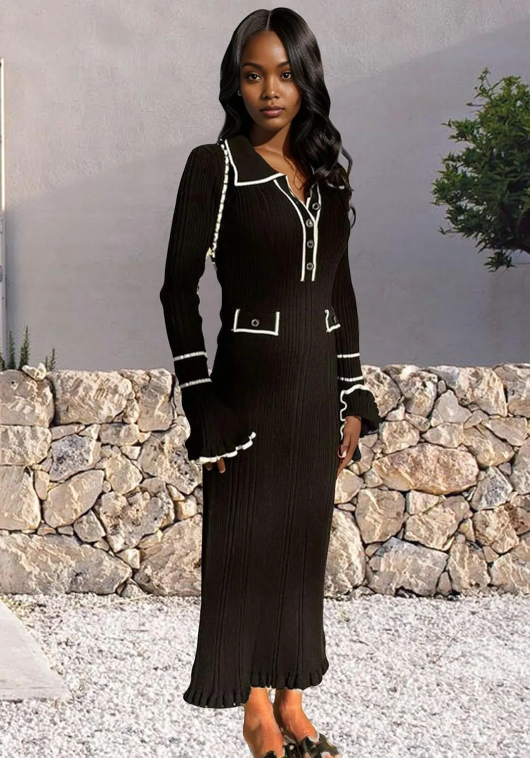 LAJIOJIO Sexy Long Sleeve Knit Sweater Dress, Winter Button V Neck Pleated Long Dresses for Women 2025