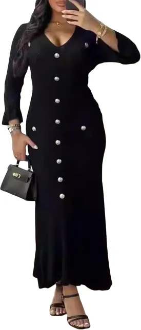 LAJIOJIO Sexy Long Sleeve Knit Sweater Dress, Winter Button V Neck Pleated Long Dresses for Women 2025
