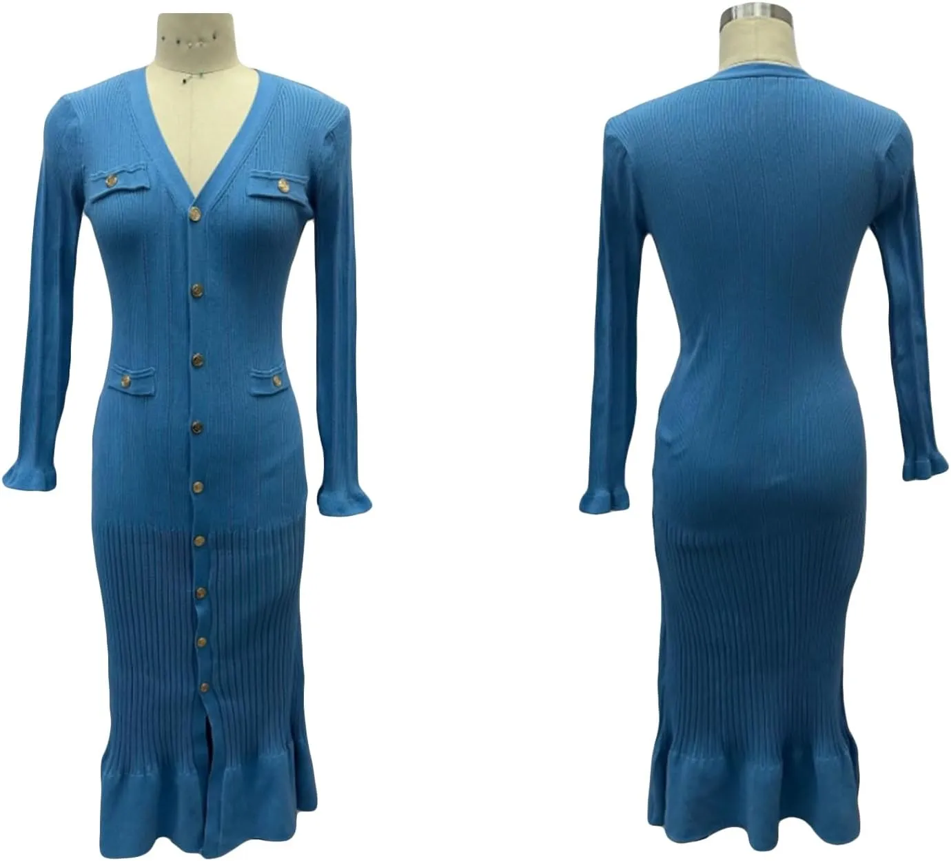 LAJIOJIO Sexy Long Sleeve Knit Sweater Dress, Winter Button V Neck Pleated Long Dresses for Women 2025
