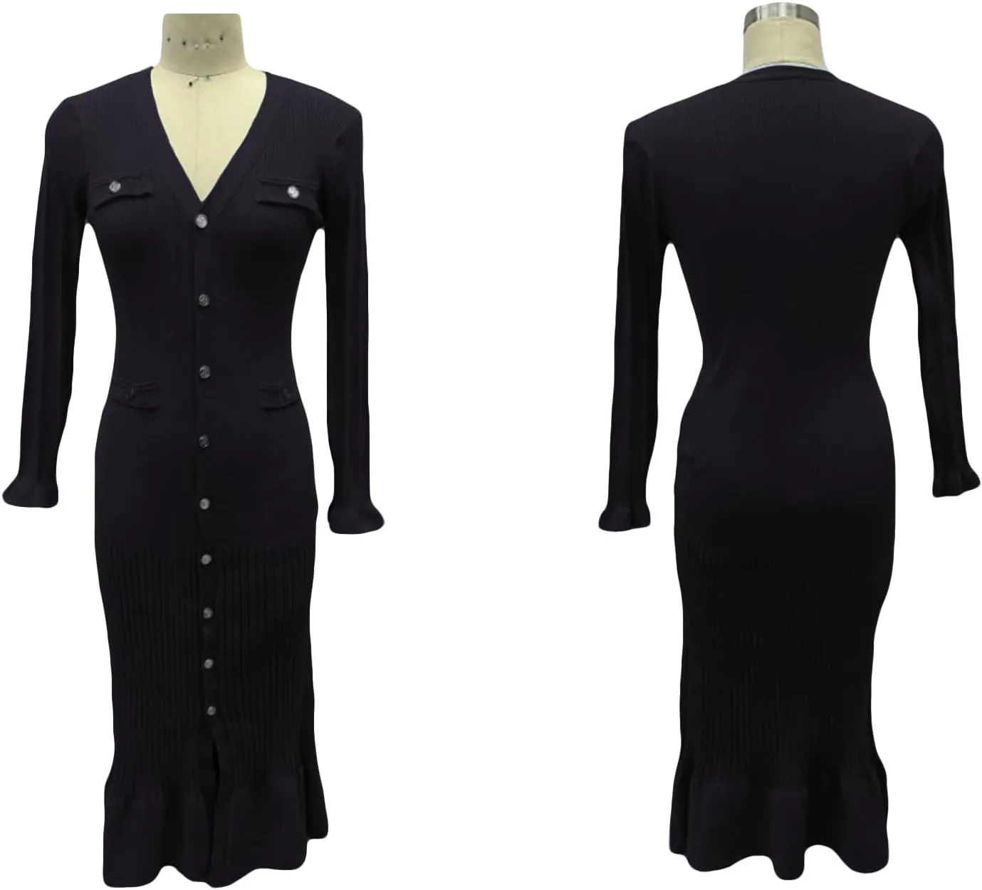 LAJIOJIO Sexy Long Sleeve Knit Sweater Dress, Winter Button V Neck Pleated Long Dresses for Women 2025
