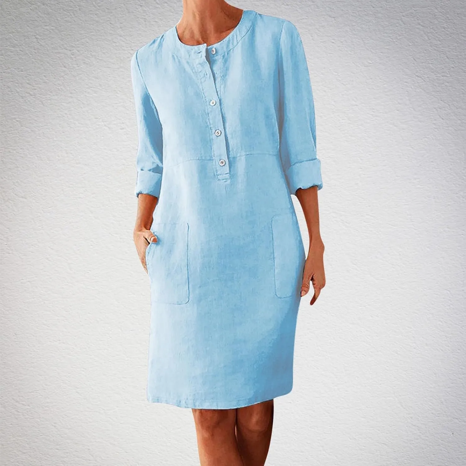 Linen Cotton Dress for Women 2025 Button Shirt Dress Long Sleeve Round Neck Dressy Casual Mini Dresses with Pockets