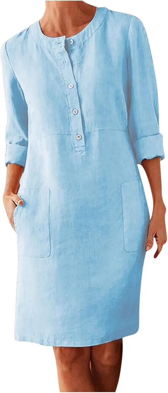 Linen Cotton Dress for Women 2025 Button Shirt Dress Long Sleeve Round Neck Dressy Casual Mini Dresses with Pockets