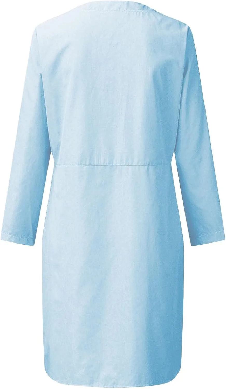Linen Cotton Dress for Women 2025 Button Shirt Dress Long Sleeve Round Neck Dressy Casual Mini Dresses with Pockets