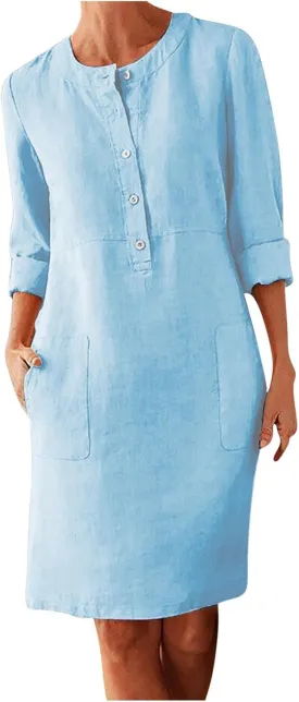 Linen Cotton Dress for Women 2025 Button Shirt Dress Long Sleeve Round Neck Dressy Casual Mini Dresses with Pockets