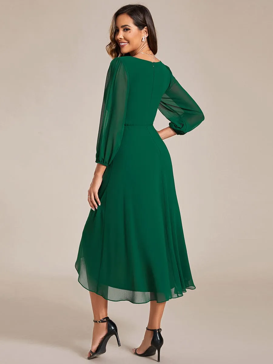 Long Sleeves Asymmetrical Hem A-Line Midi Wedding Guest Dress