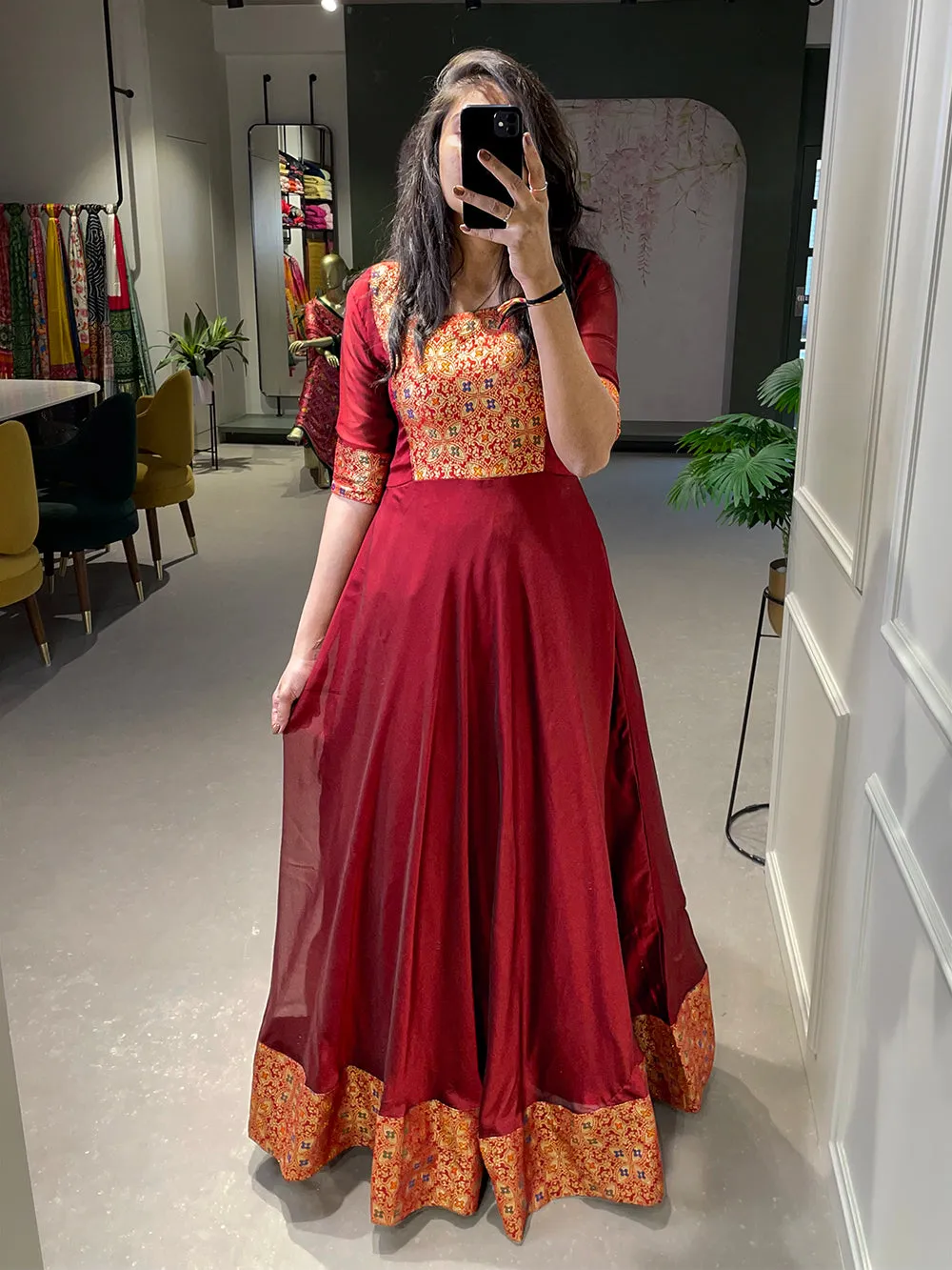 Maroon Color Weaving Work Rangoli Silk Gown Dress