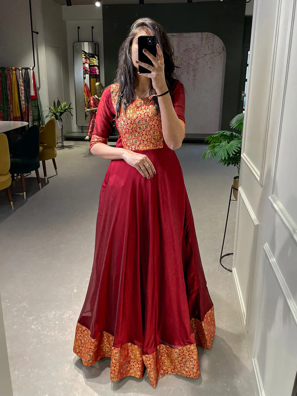 Maroon Color Weaving Work Rangoli Silk Gown Dress