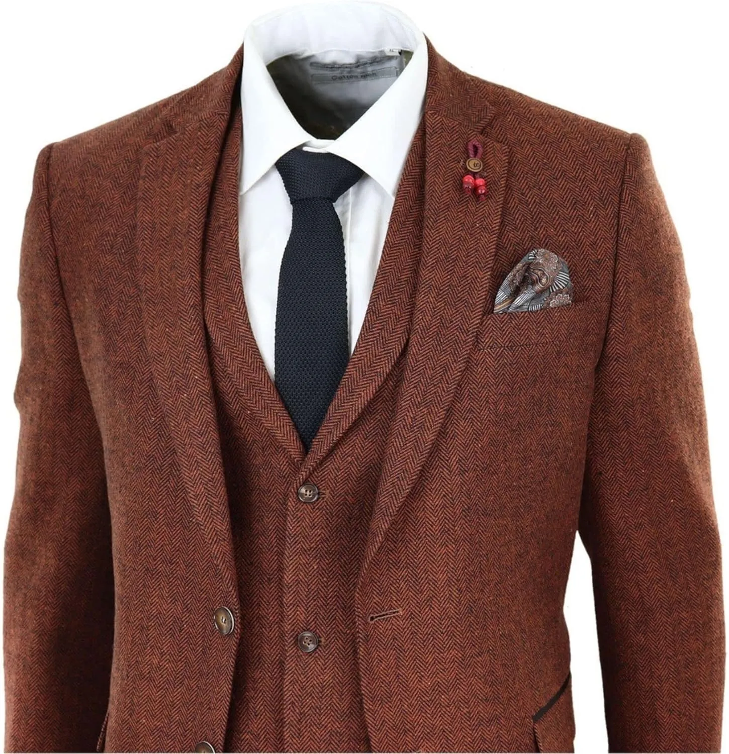 Mens Camel 3 Piece Tweed Suit Herringbone Wool Vintage Retro Fit