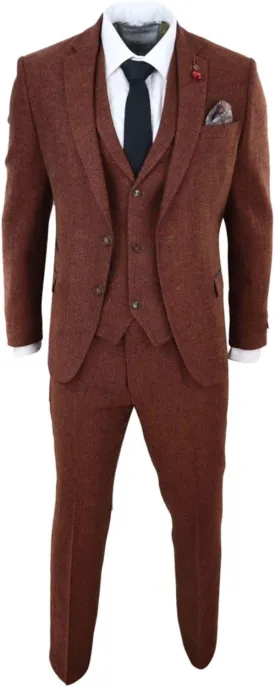 Mens Camel 3 Piece Tweed Suit Herringbone Wool Vintage Retro Fit
