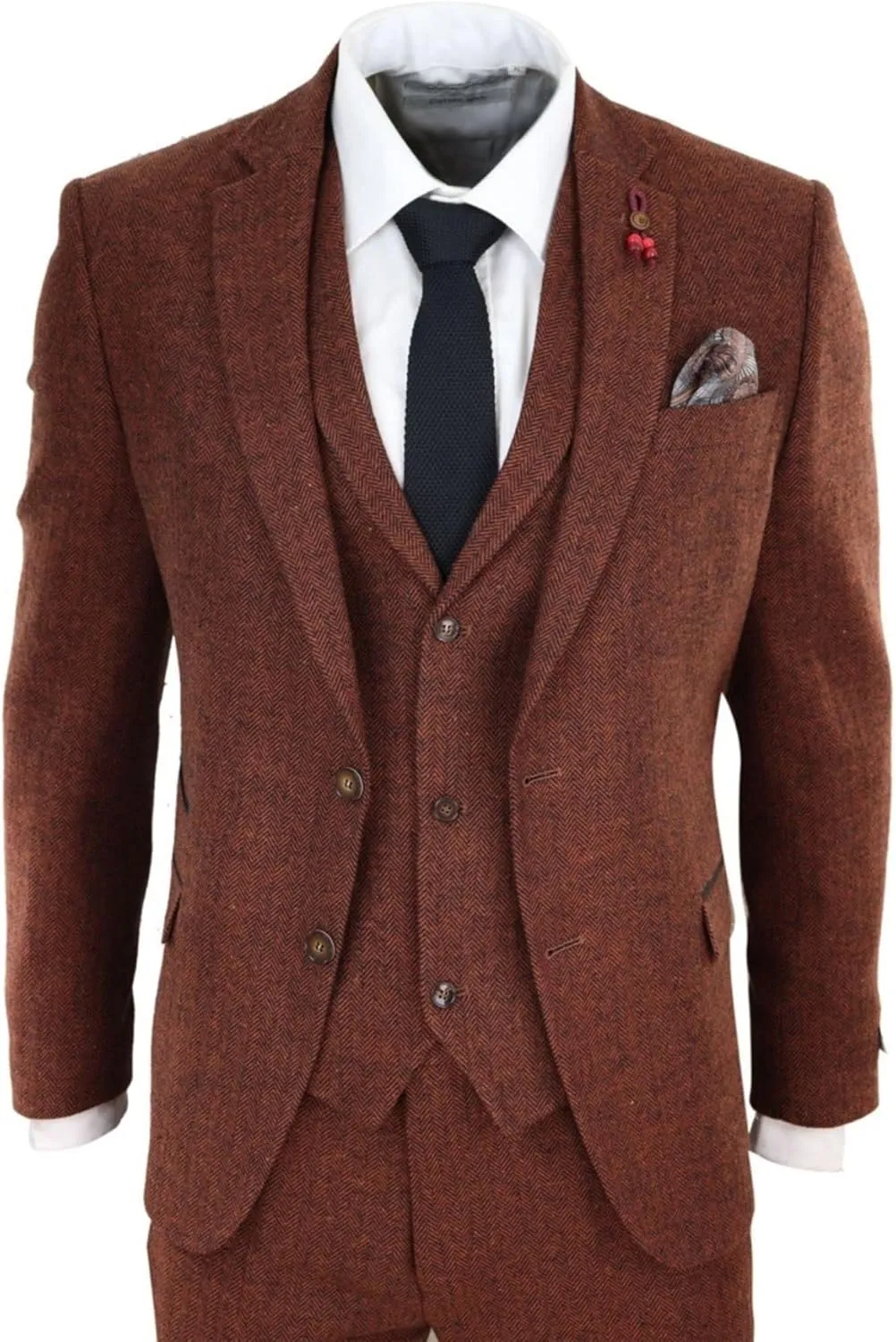 Mens Camel 3 Piece Tweed Suit Herringbone Wool Vintage Retro Fit