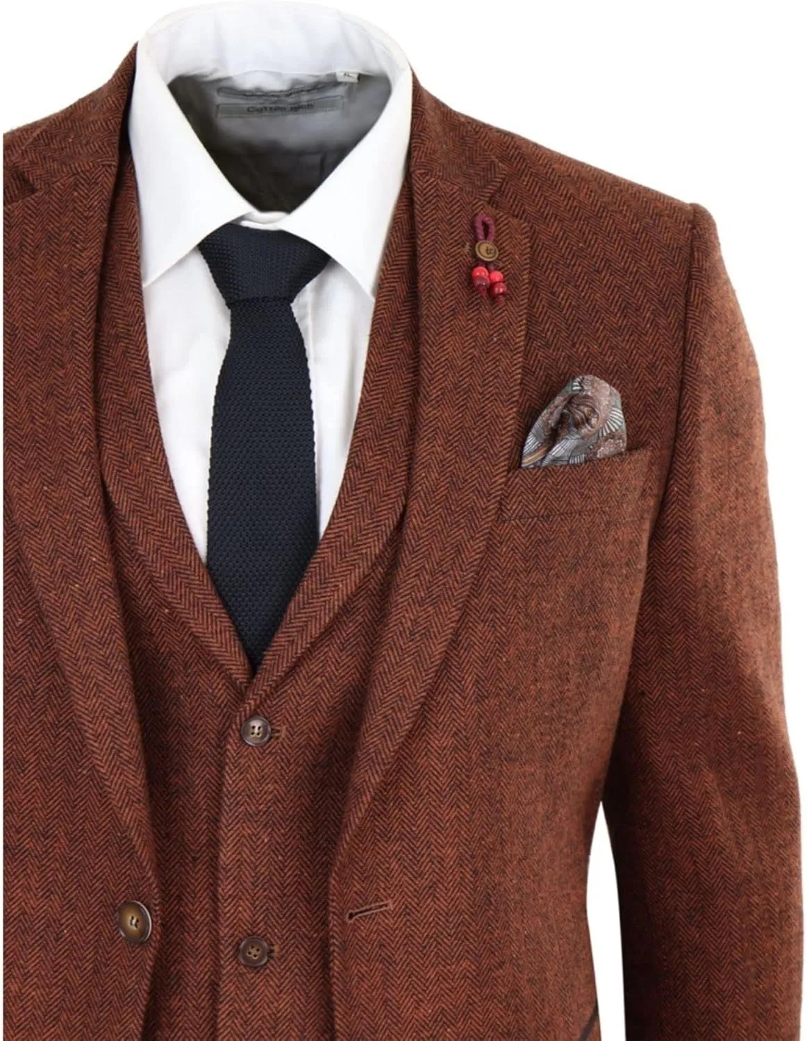 Mens Camel 3 Piece Tweed Suit Herringbone Wool Vintage Retro Fit
