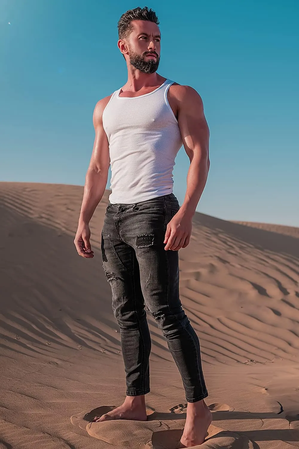 Men's Classic Slim Fit Stretchy Jeans for Men Skinny Flex Denim Pants Ripped Designer