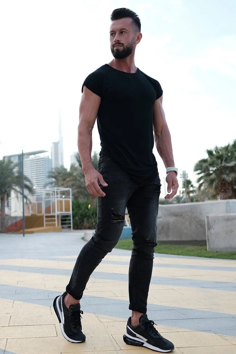Men's Classic Slim Fit Stretchy Jeans for Men Skinny Flex Denim Pants Ripped Designer